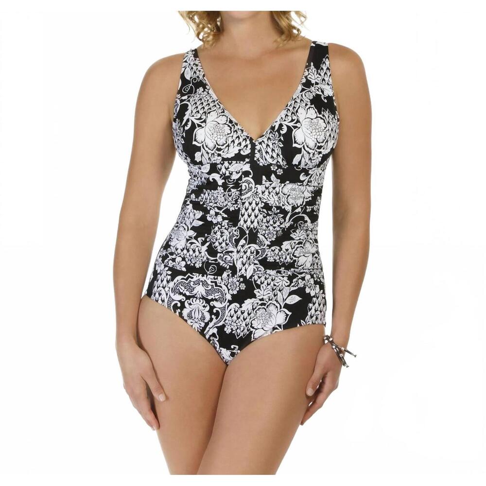NEW SHAPE SOLVER intermingle shirred one piece swimsuit in sol black and white
